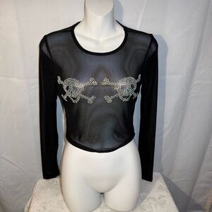 Windsor Sheer Mesh Rhinestone Skull Crop Top Black Size M